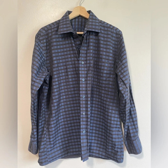 Louis Philippe Men's Blue and Black Plaid Dress Shirt -  40cm - Picture 1 of 8